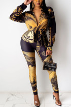 Black Casual Print Bandage Shirt Collar Long Sleeve Two Pieces