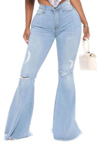 Baby Blue Fashion Sexy Casual Solid Ripped Buttons Pants High Waist Boot Cut Denim