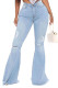 Baby Blue Fashion Sexy Casual Solid Ripped Buttons Pants High Waist Boot Cut Denim
