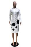 White Casual Fashion Cap Sleeve Long Sleeves Turndown Collar Slim Dress Knee-Length Solid Ball a