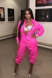 rose red Zipper Fly Mid Solid Loose Capris Jumpsuits & Rompers