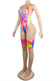 Pink Fashion Sexy Print Tie Dye Patchwork Backless Swimwears