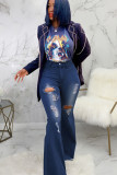 Dark Blue Denim Button Fly Sleeveless High Hole Solid washing Patchwork Boot Cut Pants 