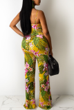 Yellow Sexy Print Hollowed Out Spaghetti Strap Straight Jumpsuits