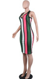 Red Fashion Sexy Red Blue Pink Yellow Wine Red Navy Blue Tank Sleeveless V Neck Hip skirt Knee-Length Striped Dresses