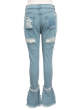 Blue Sexy Solid Ripped High Waist Regular Denim