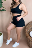 Black Casual Sportswear Solid Vests U Neck Sleeveless Two Pieces