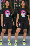 Black venetian Fashion adult Europe and America Ma'am Patchwork Print Two Piece Suits pencil Short Sleeve Two Pieces