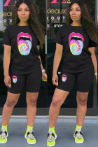 Black venetian Fashion adult Europe and America Ma'am Patchwork Print Two Piece Suits pencil Short Sleeve Two Pieces