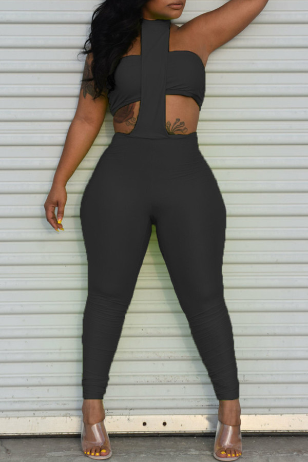 Black Fashion Sexy Solid Backless Strapless Sleeveless Two Pieces