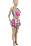 Purple Street Geometric Print Patchwork Oblique Collar Sleeveless Two Pieces