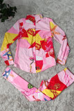 Red Fashion Casual Print Basic Turndown Collar Long Sleeve Two Pieces