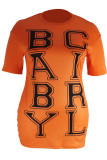 Orange Fashion Casual Plus Size Letter Print Basic O Neck T-shirt Dress