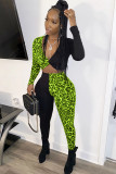 Blue Sexy Patchwork Two Piece Suits Leopard Straight Long Sleeve