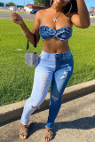 The cowboy blue Casual Color Lump Patchwork Solid Ripped Make Old Pocket Mid Waist Skinny Denim
