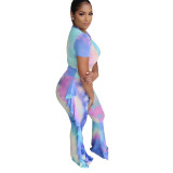 Light Blue Milk Silk Fashion adult Ma'am Street Patchwork Print Two Piece Suits Straight Short Sleeve Two Pieces