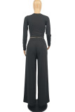 Blue Fashion Casual Solid Basic O Neck Long Sleeve Two Pieces