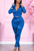 Blue Casual Print Solid Patchwork Zipper Collar Long Sleeve Two Pieces