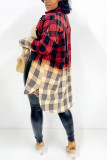 Red Fashion Casual Plaid Print Cardigan Turndown Collar Outerwear