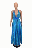 Blue Sexy Casual Print Backless V Neck Sling Dress