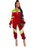 Red Sexy Fashion Patchwork zipper Solid Long Sleeve Turndown Collar 