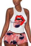 purple Fashion Sexy adult Ma'am O Neck Patchwork Print Two Piece Suits Pattern Plus Size