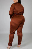 Red Fashion Casual Solid Basic Turtleneck Plus Size Set