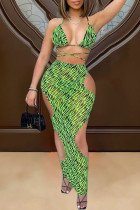 Green Fashion Sexy Print Hollowed Out Backless Swimwears Three-piece Set
