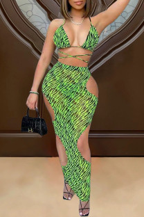 Green Fashion Sexy Print Hollowed Out Backless Swimwears Three-piece Set