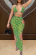 Green Fashion Sexy Print Hollowed Out Backless Swimwears Three-piece Set