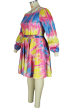 Red Casual Print Patchwork O Neck Cake Skirt Plus Size Dresses