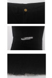 Black Denim Button Fly Sleeveless High Solid Patchwork Hole Boot Cut Pants 