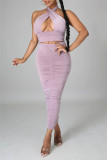 Silver Sexy Solid Hollowed Out Backless Fold Halter Sleeveless Two Pieces