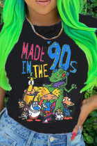 cartoon Chemical fiber blend O Neck Short Sleeve Letter Print Character Solid Tops