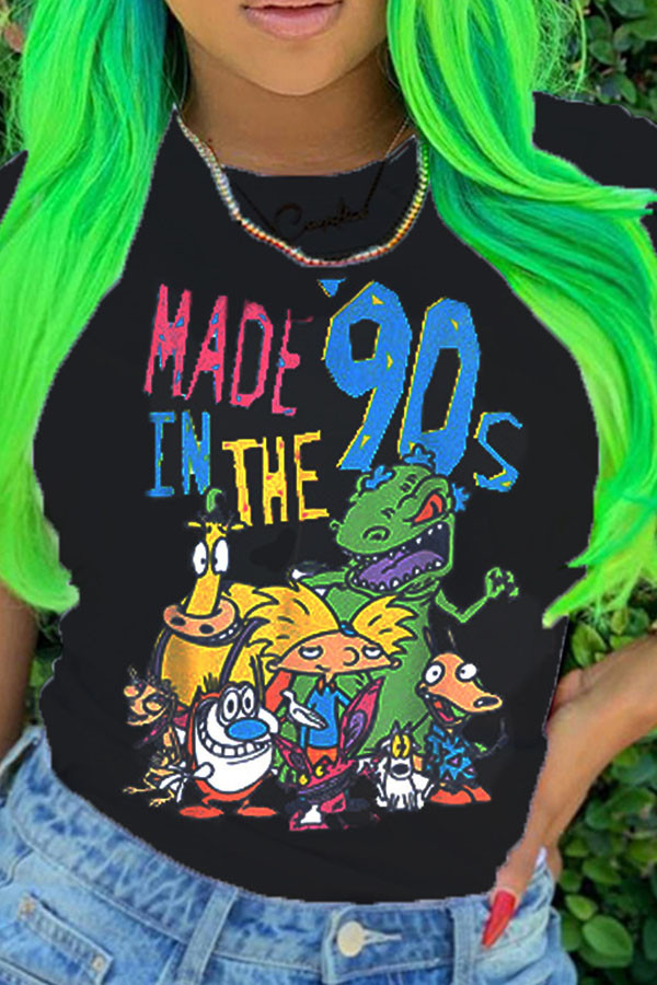 cartoon Chemical fiber blend O Neck Short Sleeve Letter Print Character Solid Tops