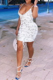 White Fashion Sexy Print Backless V Neck Sling Dress