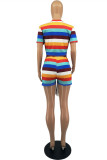 Yellow Fashion Casual Striped Print Basic O Neck Short Sleeve Two Pieces