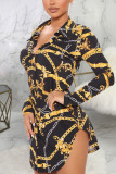 Multicolor Sexy Print Patchwork Turndown Collar Pencil Skirt Dresses