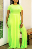 Fluorescent green Casual England Solid Fluorescent Loose Short Sleeve Two Pieces