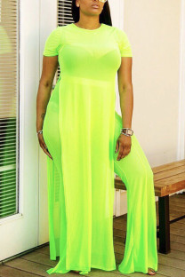 Fluorescent green Casual England Solid Fluorescent Loose Short Sleeve Two Pieces