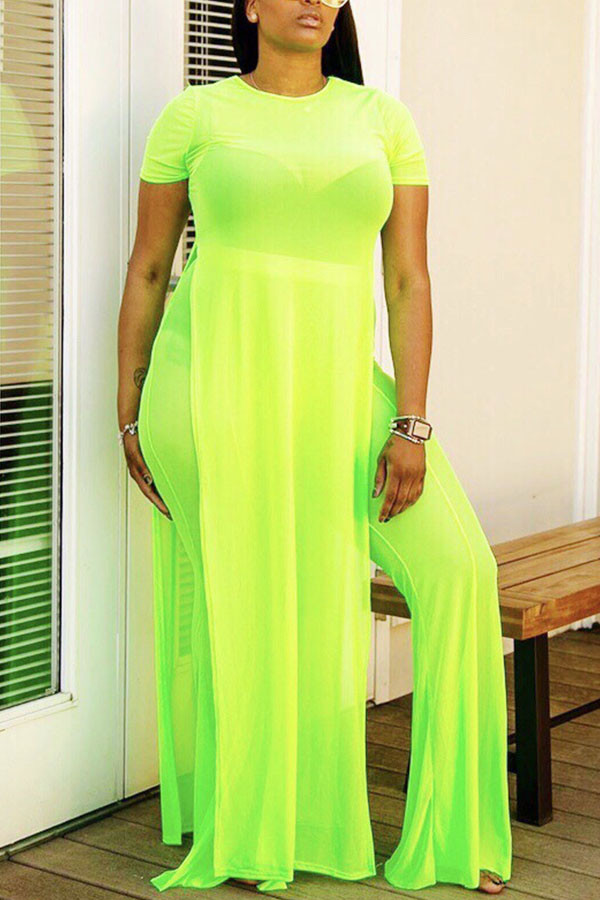 Fluorescent green Casual England Solid Fluorescent Loose Short Sleeve Two Pieces