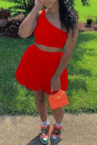 Red Fashion Sexy Solid Backless One Shoulder Sleeveless Two Pieces