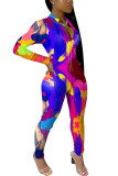 multicolor Fashion Sexy Print zipper Long Sleeve O Neck Jumpsuits