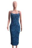 Blue Fashion adult Sexy Spaghetti Strap Sleeveless Slip Step Skirt Mid-Calf Print hollow out Le