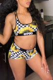 Yellow Fashion adult OL Patchwork Print Two Piece Suits Straight Sleeveless Two Pieces