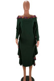 Red Sexy Fashion Off The Shoulder Long Sleeves One word collar A-Line Ankle-Length Patchwork 