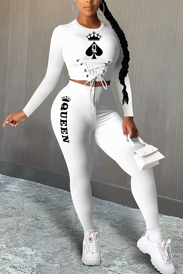 White Fashion Casual adult Ma'am Patchwork Print Two Piece Suits pencil Long Sleeve Two Pieces