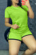Fluorescent Green Fashion Casual Solid Basic O Neck Short Sleeve Two Pieces