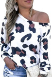 White One Shoulder Collar Long Sleeve Leopard Slim fit Tops