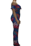 Multi-color Fashion Sexy adult One word collar Patchwork Print Bandage ruffle Stitching Plus Size